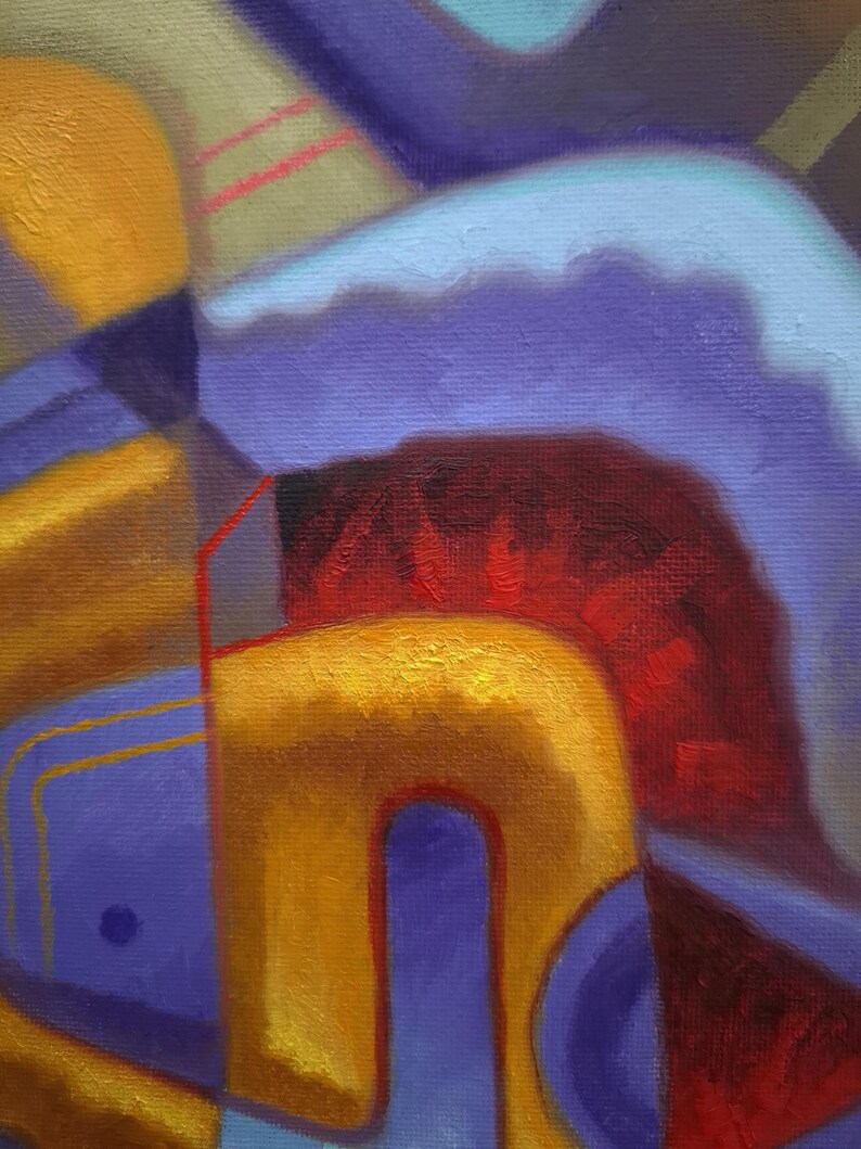 May include: An abstract oil painting on canvas featuring bold, curved shapes in vibrant shades of gold, deep purple, and light blue. A prominent dark red textured area sits centrally, accented by thin, sharp red lines and a small dark blue circle.