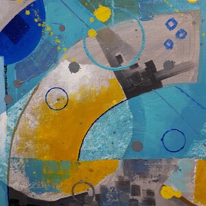 May include: Abstract painting featuring geometric shapes in shades of blue, yellow, and grey. The painting incorporates circles, squares, and rectangles, creating a dynamic and modern composition.