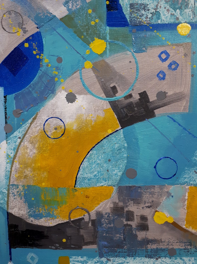 May include: Abstract painting featuring geometric shapes in shades of blue, yellow, and grey. The painting incorporates circles, squares, and rectangles, creating a dynamic and modern composition.