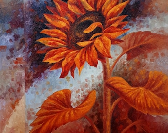 Orange Sunflower, Original Oil Painting on Canvas, Surrealist Wall Art