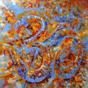 May include: Abstract painting of the Om symbol in shades of blue, orange, yellow, and red. The symbol is made up of swirling lines and shapes, creating a dynamic and energetic composition.