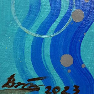 May include: Abstract painting with blue and turquoise wavy lines, grey circles, and a black signature that says "brad 2023".