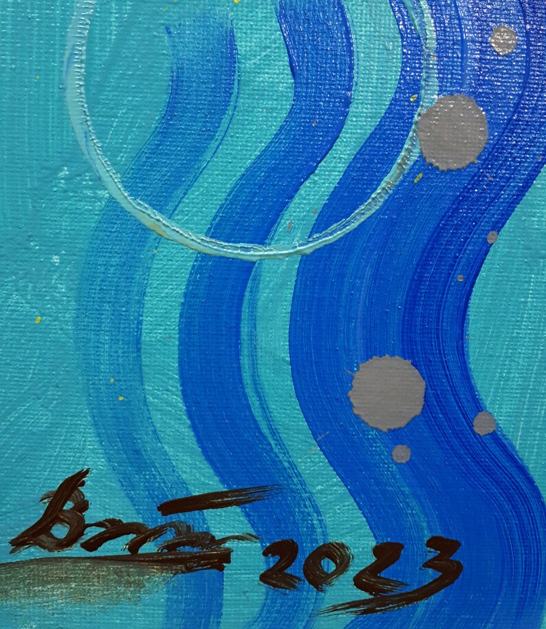 May include: Abstract painting with blue and turquoise wavy lines, grey circles, and a black signature that says "brad 2023".