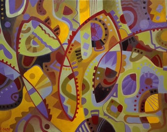 Caribbean Jazz Oil Painting, Abstract Geometric Canvas Art, 23.6x33.5