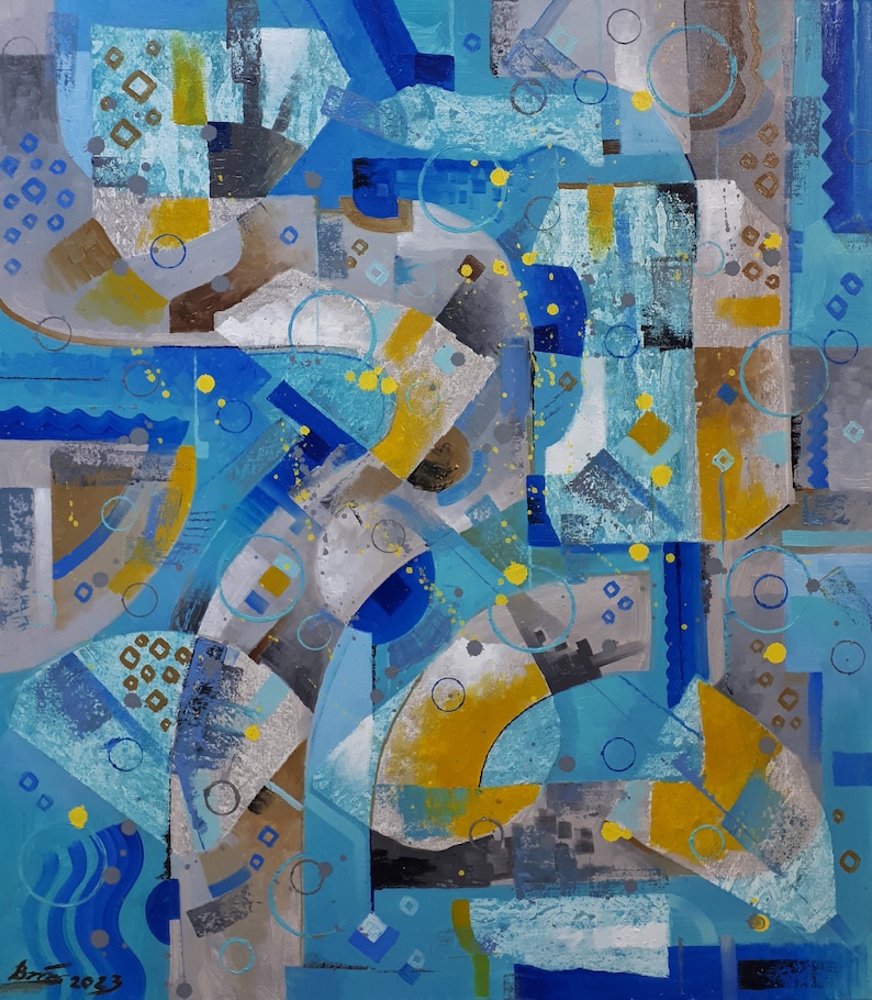 May include: Abstract painting featuring geometric shapes in shades of blue, yellow, and grey. The artwork incorporates circles, squares, and rectangles, resulting in a dynamic and visually engaging composition.