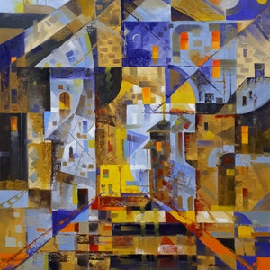 Original Oil Painting, Old Town Evening, Colorful Canvas Art (31.5x27.6 inch)