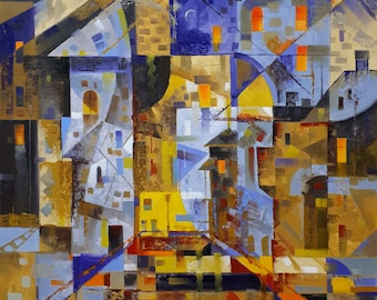 Original Oil Painting, Old Town Evening, Colorful Canvas Art (31.5x27.6 inch)