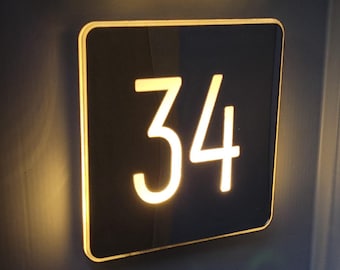 Illuminated LED Custom Indoor Mirrored Square Door Sign, Hotel Sign, Hotel Number Sign, Sign for Hotels