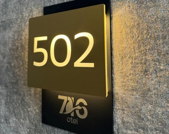 Illuminated LED Custom Gold Logo Engraved Door Number Sign, Hotel Sign, Sign for Hotels, Hotel Plaque, Room Number Sign, Personalized Sign