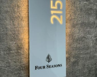 Illuminated LED Custom White Hotel Room Number Sign with Logo, Hotel Door Plaque, Hotel Room Plate, Backlit Sign, Modern Hotel Sign