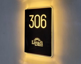 Illuminated LED Custom Indoor Mirrored Logo Engraved Door Sign, Hotel Sign, Hotel Number Sign, Sign for Hotels