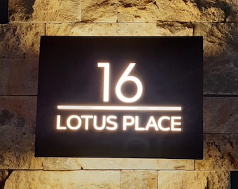 Illuminated LED Custom Modern Door Number Sign with Street Name, Can Be Customized House Sign - 12" x 7"