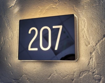 Illuminated LED Custom Indoor Mirrored Door Sign, Hotel Sign, Hotel Number Sign, Sign for Hotels