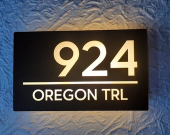Illuminated LED Custom Door Number Sign with Street Name - 12" x 7"