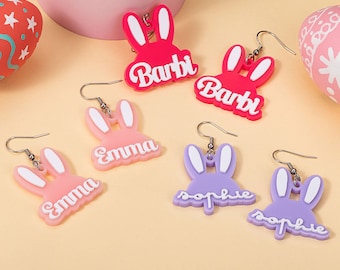 Custom Name Easter Bunny Earrings, Acrylic Pink Doll Style Earrings, Monogrammed Rabbit Ears Dangles, Birthday/Easter Gift for Women/Girls