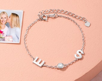 Personalized Diamond Bezel Bracelet with Initials, Adjustable Brass Bangle, Birthday/Christmas/Wedding Gift for Girls/Friends