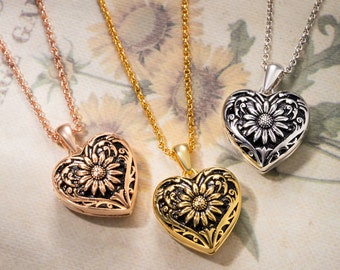 Personalized Sunflower Heart Photo Locket Memorial 2 Photos Women Necklace, Engraved Heart Shaped Locket Necklace with Photo