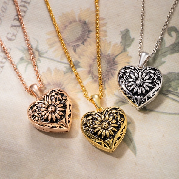 Personalized Sunflower Heart Photo Locket Memorial 2 Photos Women Necklace, Engraved Heart Shaped Locket Necklace with Photo