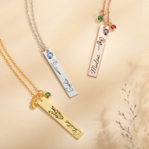Personalized Birth Flower Necklaces with Name, Engraved Birth Flower Necklaces, Customized Birthstone Necklace, Gifts for Mom/Grandma