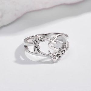 Anillo inicial personalizado de corazón y flores, anillo inicial personalizado, anillo de corazón delicado con carta, regalo de aniversario/cumpleaños, regalo para ella/novia