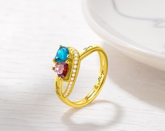 Personalized Promise Rings, Custom Name Rings with 2 Birthstones, Couple Engagement Rings, Mother/Daughter Rings, Engraved Woman Jewelry