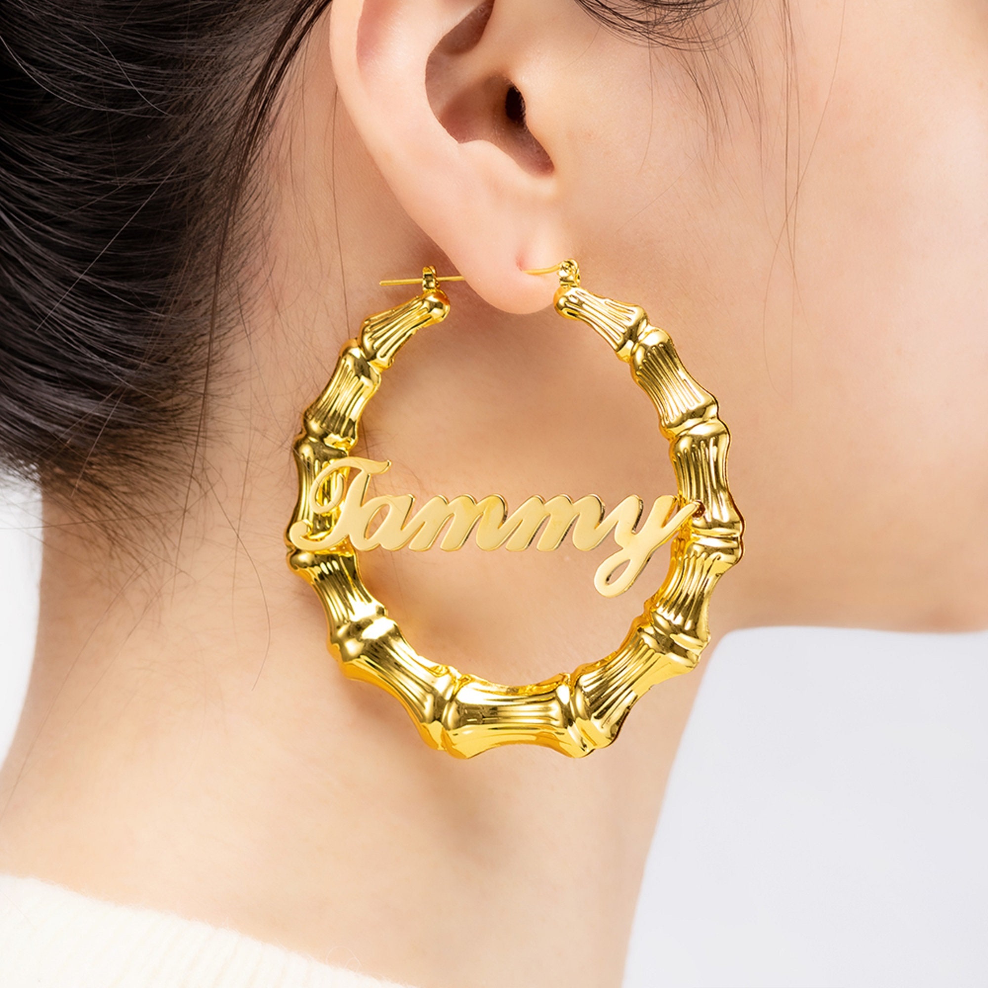 Custom Name Earrings Personalized Bamboo Earrings 18K Gold Plated