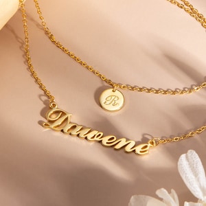 Colar com nome em camadas personalizado com coração, pingente de placa de identificação personalizado banhado a ouro 18K