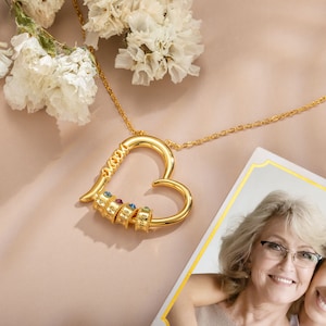 Personalized Birthstone Necklace with Heart Pendant & Name Charms for Mom, Mom Necklace with Kids Name