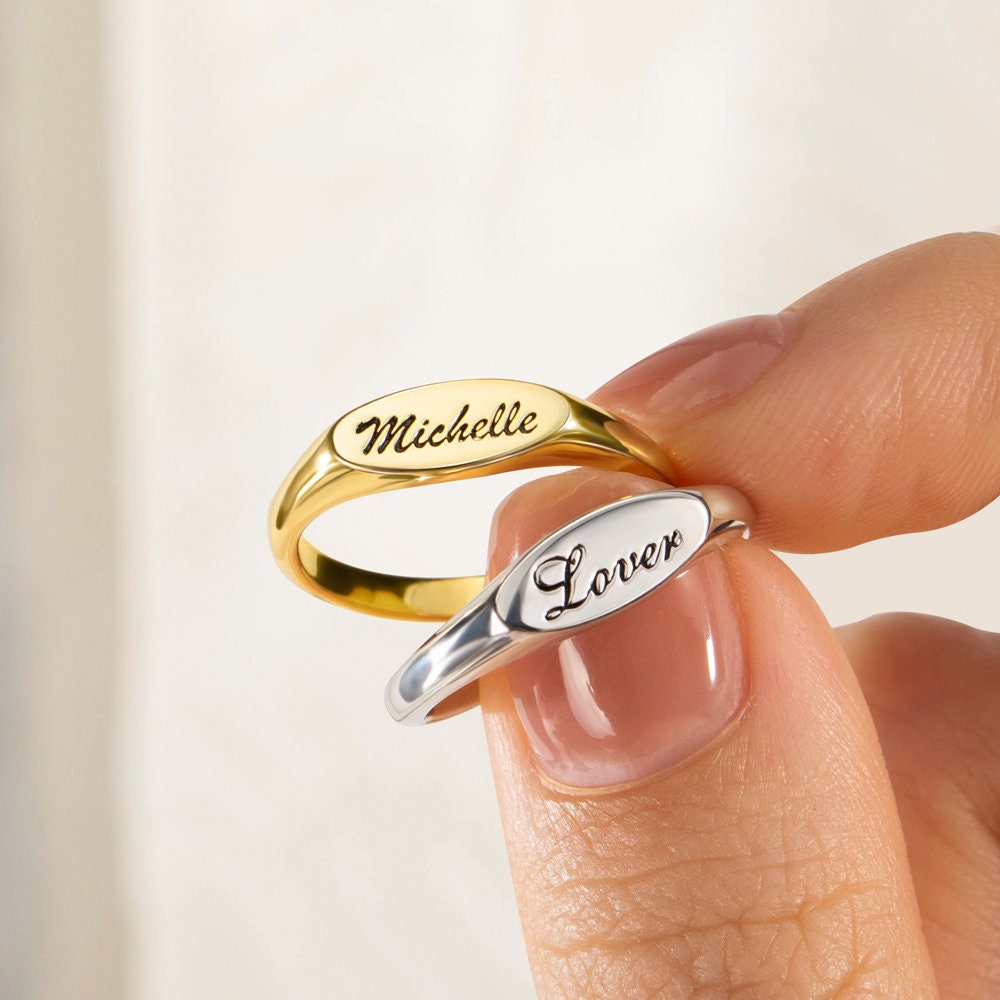 『時を刻むBRASS NAME RING』3mmタイプ 指輪 Personalized Name Oval Signet Ring, Dainty Engraved Statement Name