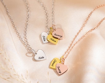 Personalized Family Names Necklace with Heart Charms, Heart Mom Necklace with Kids Names, Birthday/Mother's Day Gift for Her/Mom/Grandma