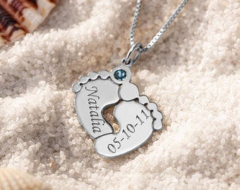 Silver Engraved Baby Feet Necklace with Personalized Birthstone Feet Necklace with Baby's Birthstone and Name Gift for Mom
