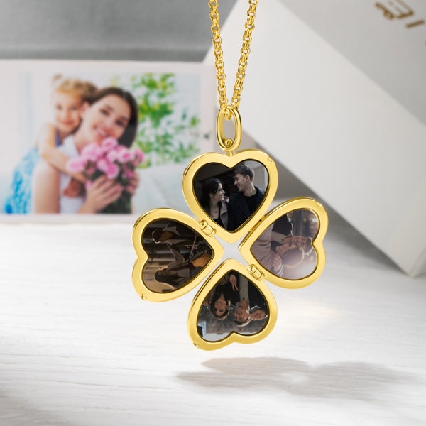 Personalized Photo Locket Necklace, Four Leaf Clover Love Heart, 4 Pictures Locket Necklace, Custom Heart Necklace, Gift for Women/Girl/Mom