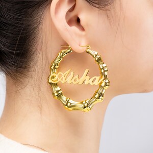 Custom Name Earrings Personalized Bamboo Earrings 18K Gold Plated Big Hoop Earrings for Women Fashion Jewelry Gift