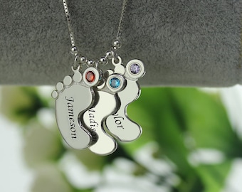 Personalized Mother's Necklace with Baby Feet Charm Mom Necklace with Kids Names, Christmas Gift/Mothers Day Gift