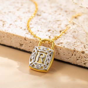 Personalized Initial Padlock Necklace, Irish Celtic Knot Necklace, Engraved Name Necklace, Memorial Jewelry, Mother&#39;s Day Gift