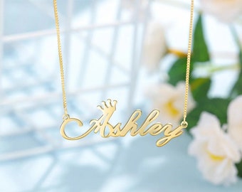 Custom Name Necklace Personalized Crown Name Necklace Engraved Gold Plated Personalized Sterling Silver Heart Crown Pendant Gift for Women