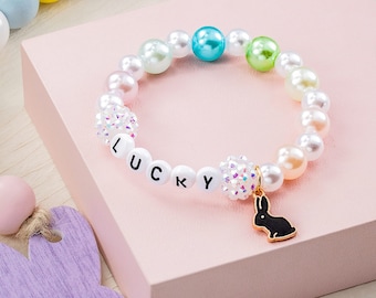 Custom Bunny Names Bracelet, Pearl Bracelet, Easter Gift, Personalized Easter Rabbit Jewelry Gifts for Her/Girls/Friends