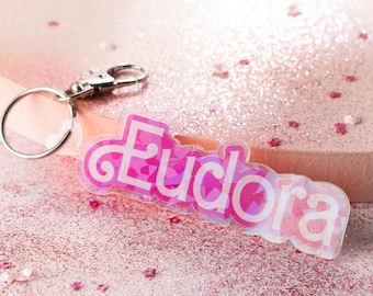 Custom Pink Style Name Keychain, Acrylic Doll Inspired Keyring Backpack Tag, Birthday/Graduation/Christmas/Bridal Party Gift for Women/Girls