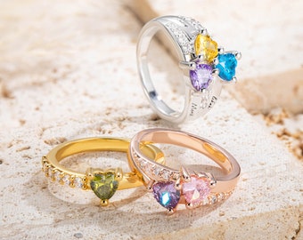 Anel personalizado com nome de pedra de aniversário de 1 a 3 corações, anel de família personalizado, joias de prata esterlina 925, presente de aniversário/dia das mães para mãe/esposa/família