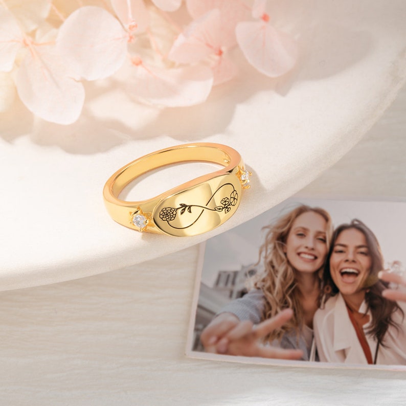Custom Infinity Ring Personalized Infinity 2 Birth Flower Ring, Engraved Silver Ring With ...