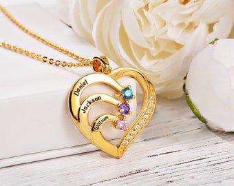 Name und Geburtsstein Familie Herz Halskette, personalisierte Familienname Halskette, Herz Birthstone Halskette, Familienhalskette mit Birthstone
