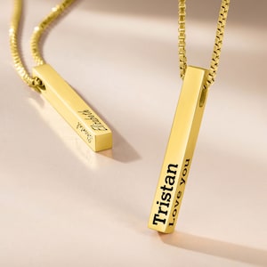 Personalized Cube Bar Necklace Gift - Jewelry Engraved Vertical Pendant and Chain - Perfect Birthday, Christmas, Graduation, Wedding