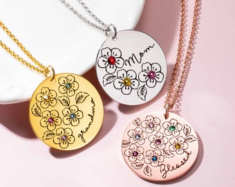 Personalized Birthstone Flower Necklace Gifts for Mother, Gold Birthstone Name Necklace for Mom,Custom Jewelry for Grandparent Mama Nana