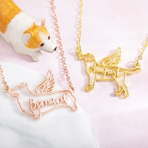 Custom Name Dog Necklace, Angle Wing Necklace, Dog Breed Silhouette Necklace, Animal Jewelry, Gift for Pet Loss, Gift for Dog Mom/Pet Lover