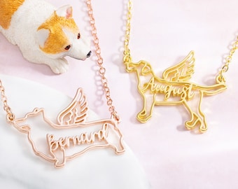 Custom Name Dog Necklace, Angle Wing Necklace, Dog Breed Silhouette Necklace, Animal Jewelry, Gift for Pet Loss, Gift for Dog Mom/Pet Lover