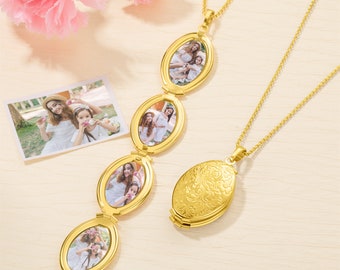 Custom Photos Locket Necklace, Oval Locket Necklace for Women, Four Photo Locket, Birthday/Anniversary/Memorial Gift for Mom/Grandma/Family