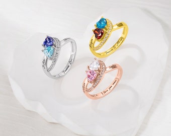 Personalized Promise Rings, Custom Name Rings with 2 Birthstones, Couple Engagement Rings, Mother/Daughter Rings, Engraved Woman Jewelry