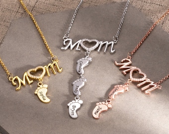 Personalized Mom Necklace with Baby Feet Mom Necklace Mother Necklace with 3 Baby Feet Pendants Engraved 3 Names, Gift for Mom/Wife/Women