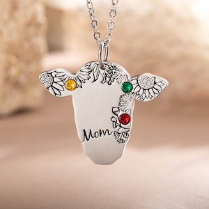 Custom Name and Birthstone Cow Necklace, Retro Bohemian Vintage Necklace, Cow Gifts for Women/Girls, Western Jewelry for Cowgirl