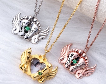 Foto personalizada y nombre Angel Wing Feet Necklace, Custom Mom Necklace con nombres de niños